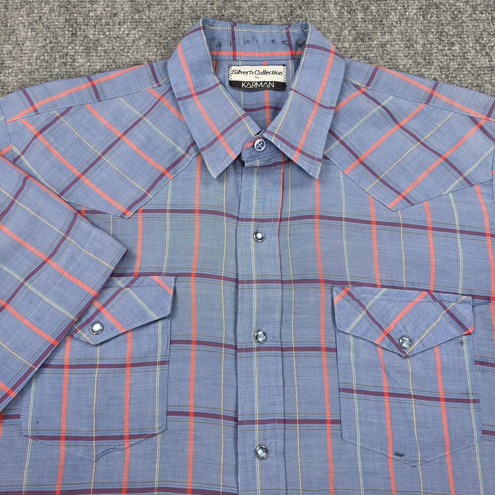 Karman Silver Collection Shirt Mens XL Blue Plaid Western Pearl Snap Cowboy VTG